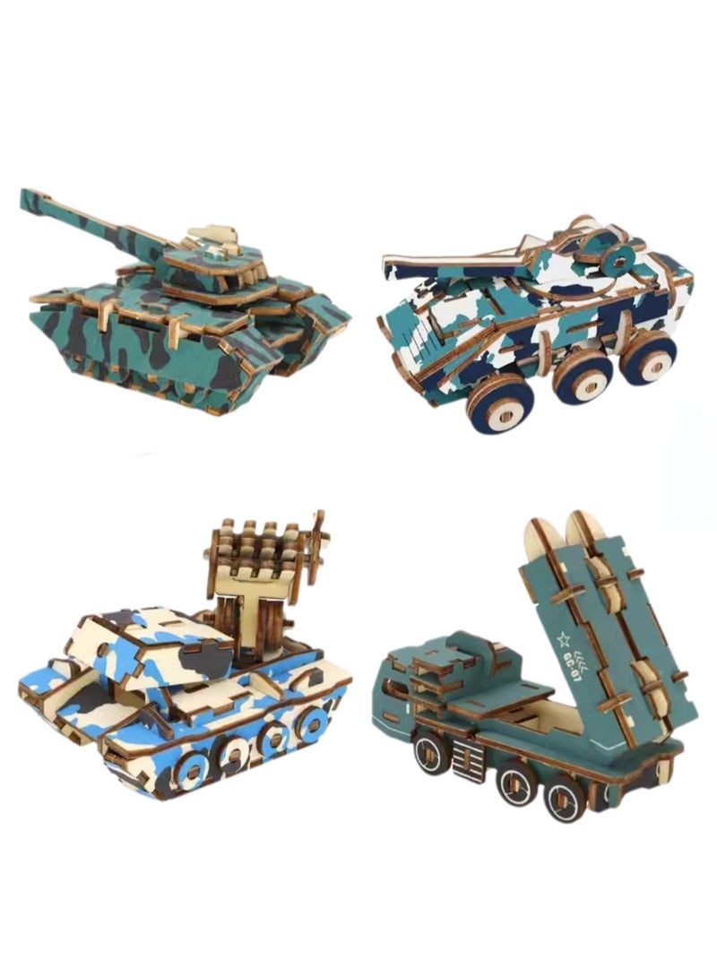 Children's 3D Wooden Model Puzzle Military Building Block Assembly Toys(Military Four-piece Set 100+Pcs) - Image 1